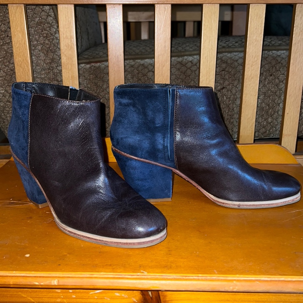 Rachel Comey duo colorblock brown leather blue suede Mars chunky heel boots 8